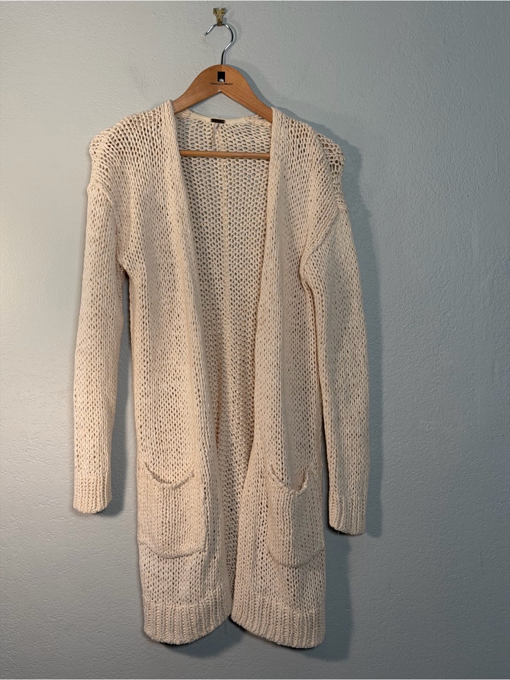 Free People Cotton Open-Front Long Chunky Knit Cardigan Duster - Cream S